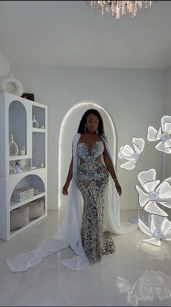 Athena Long crystal dress with flowy attached drapes