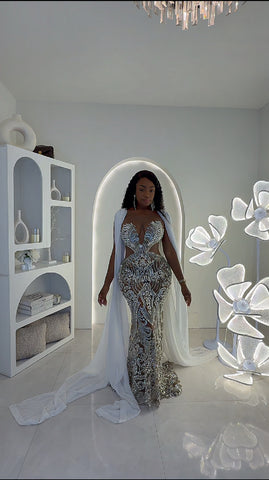 Athena Long crystal dress with flowy attached drapes