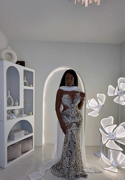 Athena Long crystal dress with flowy attached drapes