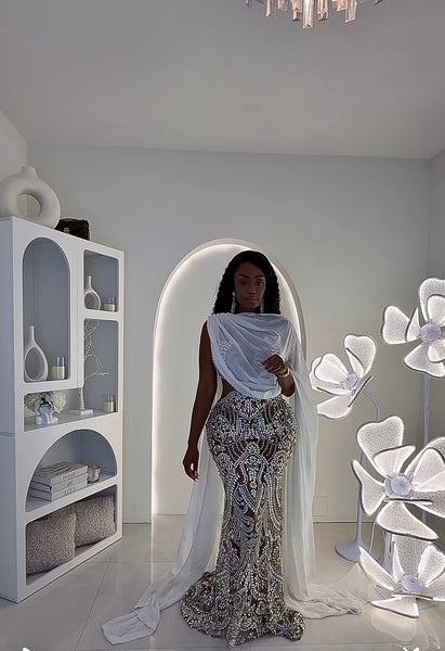 Athena Long crystal dress with flowy attached drapes