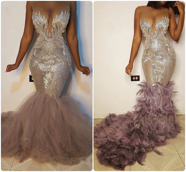 Saffire crystal dress with tulle or extended feather train